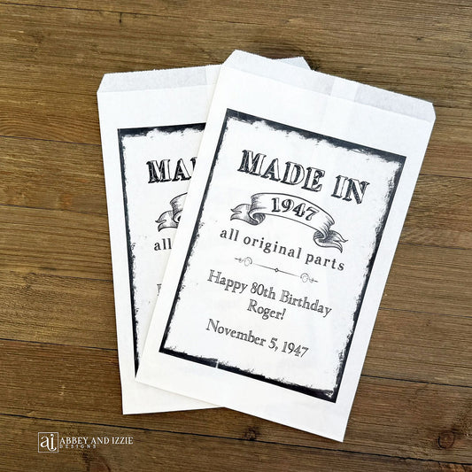  Adult Birthday Party Favor Bags Vintage, Birthday cookie bags, candy bags, popcorn bags fill them with goodies.