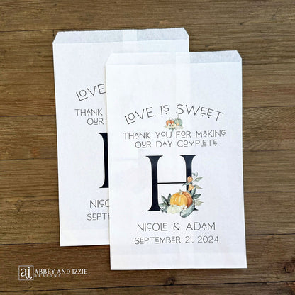 Monogrammed Fall Wedding Favor Bags, perfect for fall weddings.  Adorned with fall accents they will fit your fall wedding theme perfect.  Personalized for the bride and groom and large initial.  