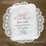 Celebrate your little one's special day with these charming , Girls Birthday Favor Bags with a Pink Bow printed on white bags , personalized for the guest of honor.