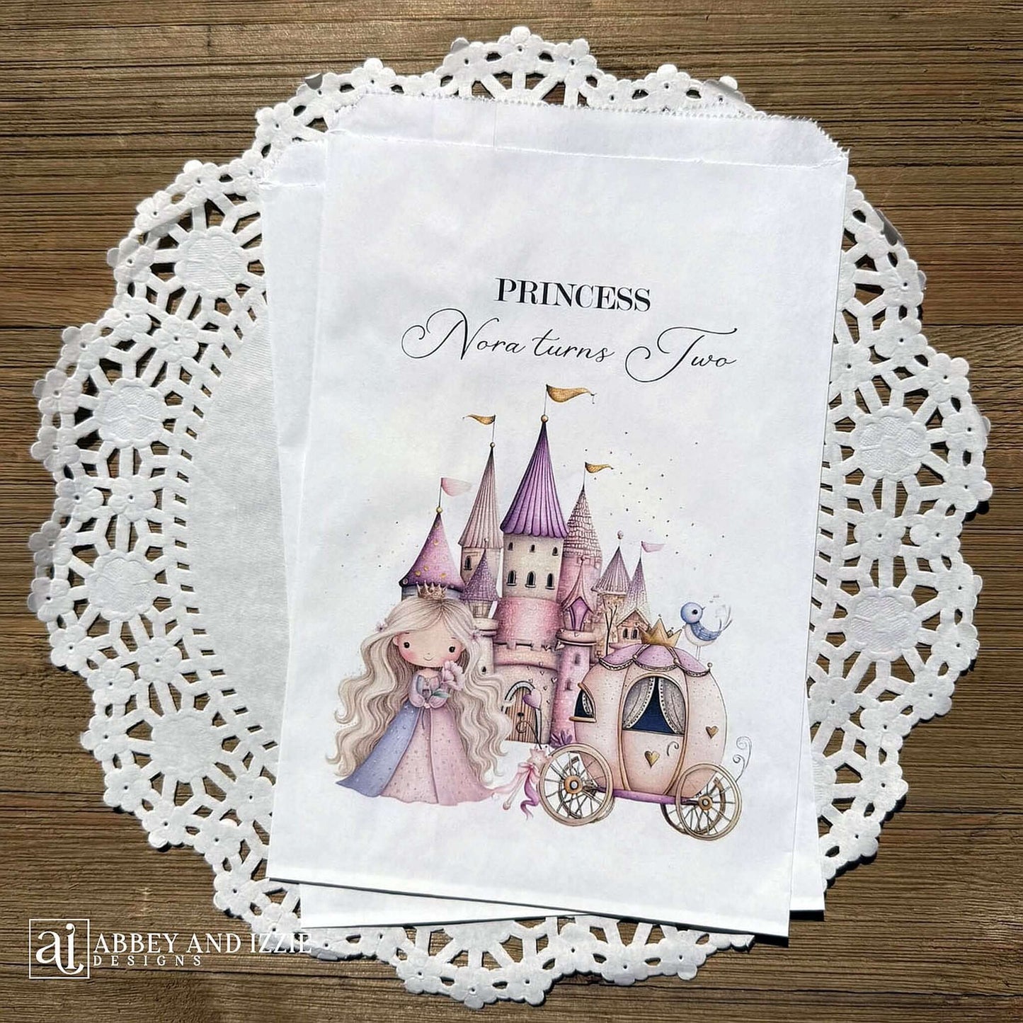 Princess Party Candy Bags printed on white paper bags and personalized with 'PRINCESS (your name) turns (your age).  Adorned with a sweet princess standing in front of her castle  and carriage, all in hints of pink and purple.  Bags are larger than most and will fit all kinds of fun goodies.