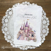 Princess Party Candy Bags printed on white paper bags and personalized with 'PRINCESS (your name) turns (your age).  Adorned with a sweet princess standing in front of her castle  and carriage, all in hints of pink and purple.  Bags are larger than most and will fit all kinds of fun goodies.