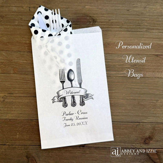 Family Reunion Utensil Bags personalized with knife, fork , spoon, family name and date.   These silver ware  bags will be a fun addition for your event.