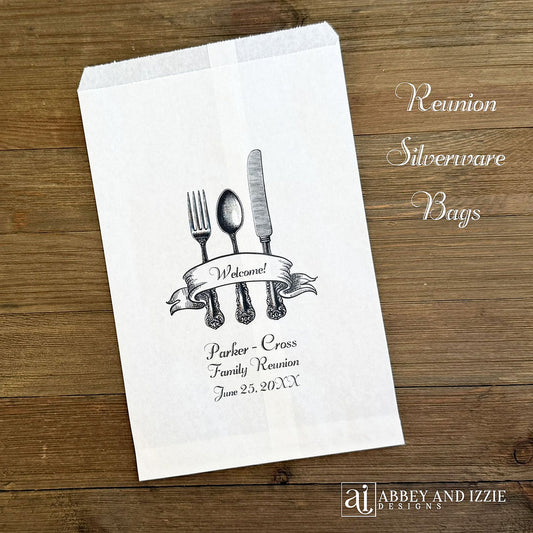 Family Reunion Utensil Bags personalized with knife, fork , spoon, family name and date.   These silver ware  bags will be a fun addition for your event.