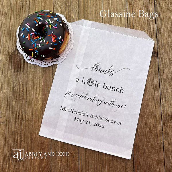 Transform your bridal shower favors with these sophisticated Personalized Donut Glassine Bridal Shower Bags. Crafted from premium grease-resistant glassine, they protect delicate donuts while showcasing your custom details beautifully. Add the bride's name, shower date, with a heartfelt thank you message. 