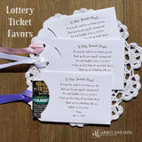 Personalized unique bridal shower favors, printed on white card stock envelopes with ribbon attached.  Ribbon is included, your choice of color.  Slide a lottery ticket in to see who goes home the winner.