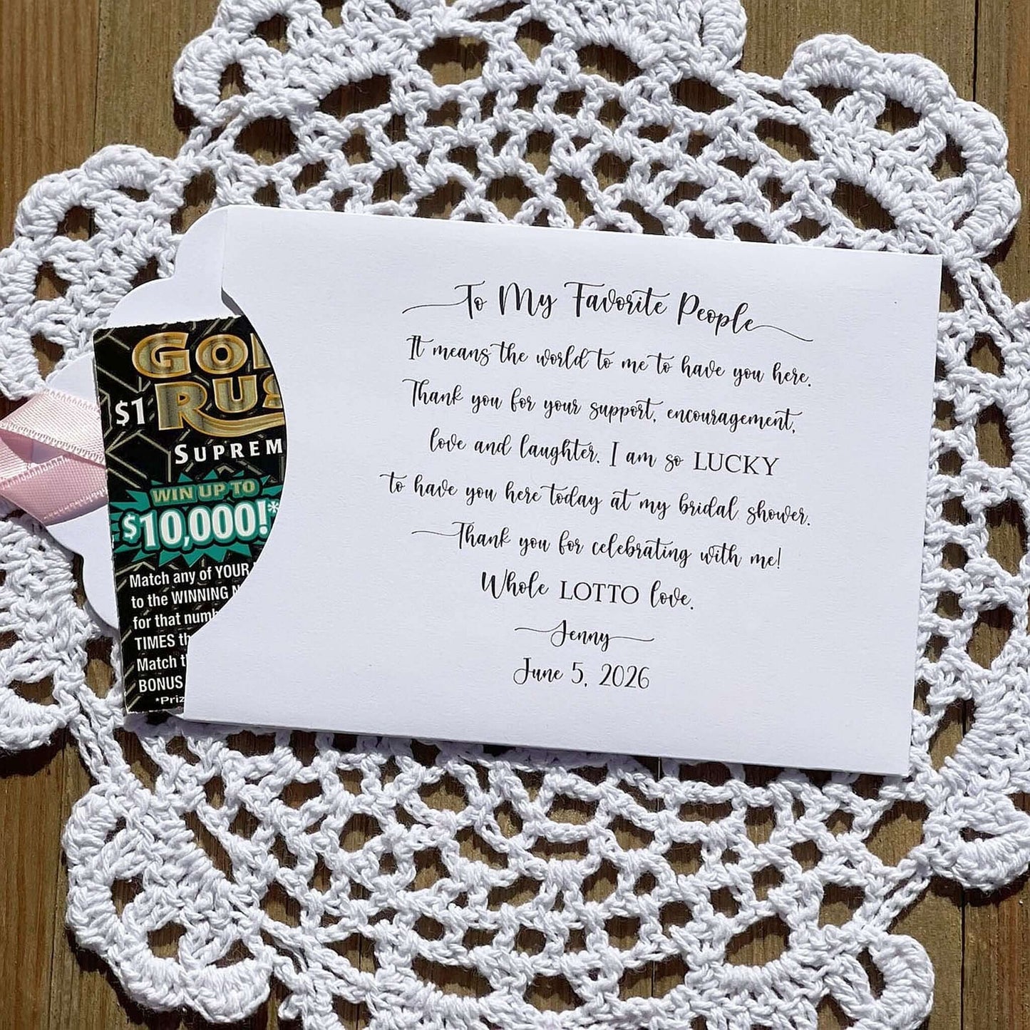 Personalized unique bridal shower favors, printed on white card stock envelopes with ribbon attached. Ribbon is included, your choice of color. Slide a lottery ticket in to see who goes home the winner.