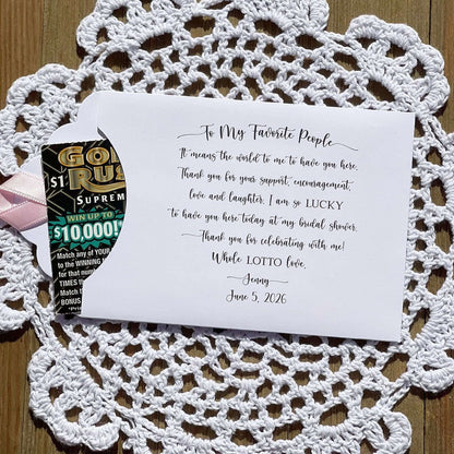 Personalized unique bridal shower favors, printed on white card stock envelopes with ribbon attached. Ribbon is included, your choice of color. Slide a lottery ticket in to see who goes home the winner.