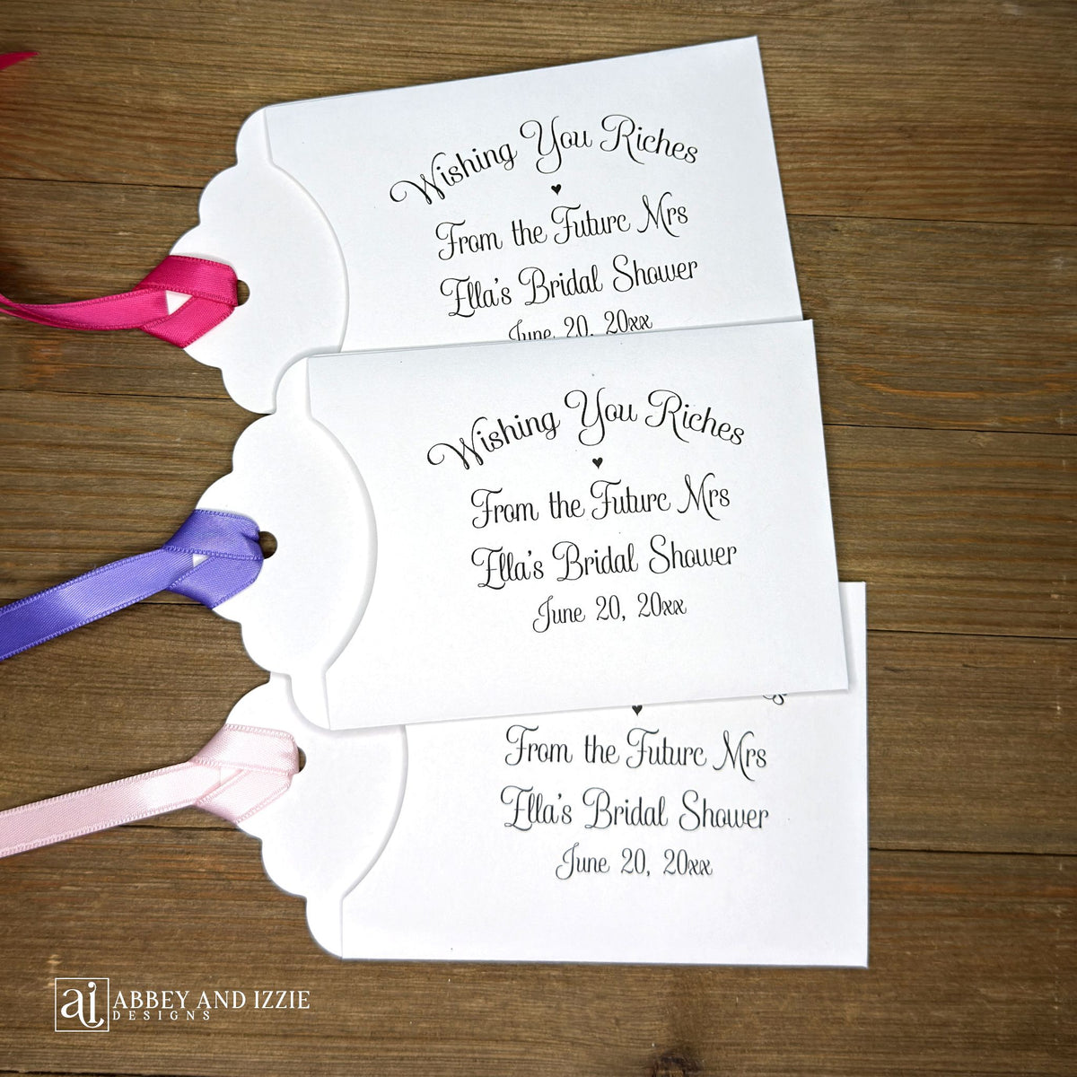 Lottery ticket bridal shower favors, these fun bridal shower favors are personalized for the bride to be, slide a lottery ticket in the envelope and see who wins  Your choice of colors.