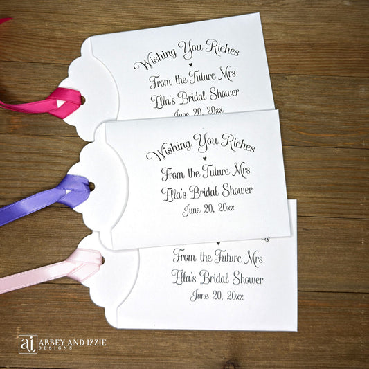 Lottery ticket bridal shower favors, these fun bridal shower favors are personalized for the bride to be, slide a lottery ticket in the envelope and see who wins  Your choice of colors.