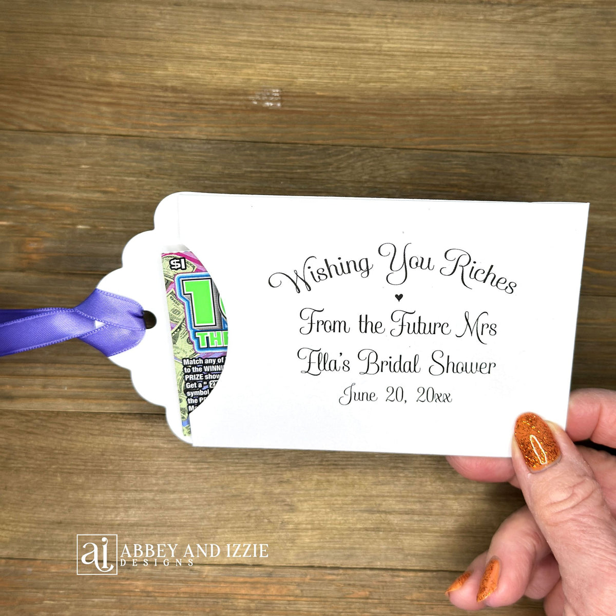 Lottery ticket bridal shower favors, these fun bridal shower favors are personalized for the bride to be, slide a lottery ticket in the envelope and see who wins  Your choice of colors.