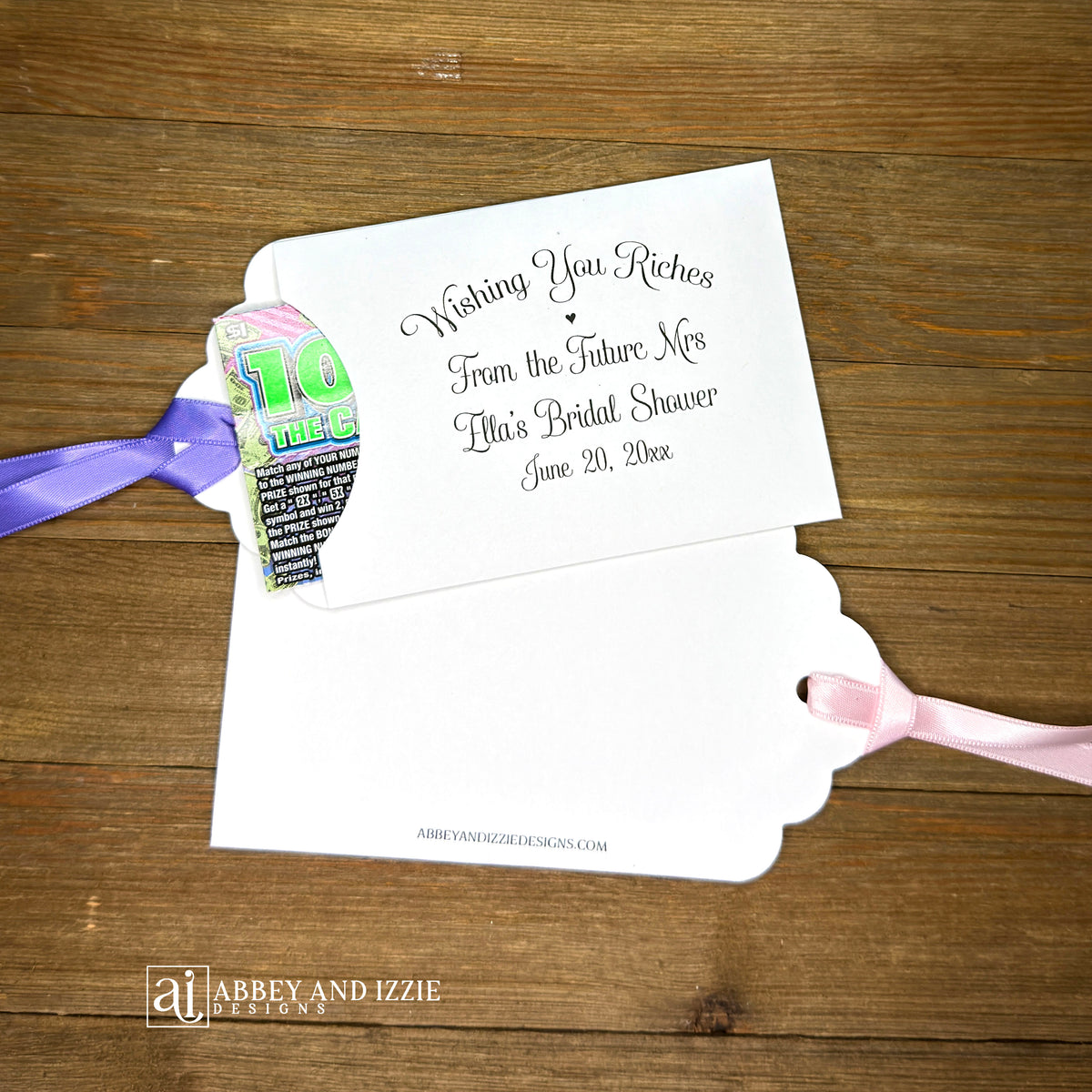Lottery ticket bridal shower favors, these fun bridal shower favors are personalized for the bride to be, slide a lottery ticket in the envelope and see who wins  Your choice of colors.