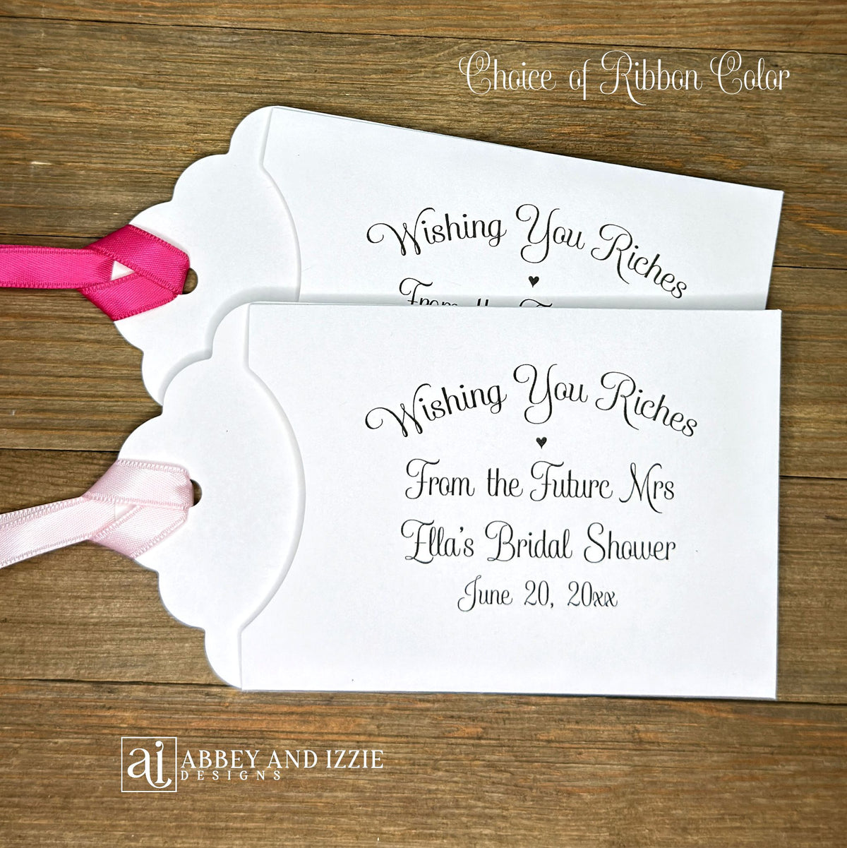 Lottery ticket bridal shower favors, these fun bridal shower favors are personalized for the bride to be, slide a lottery ticket in the envelope and see who wins  Your choice of colors.