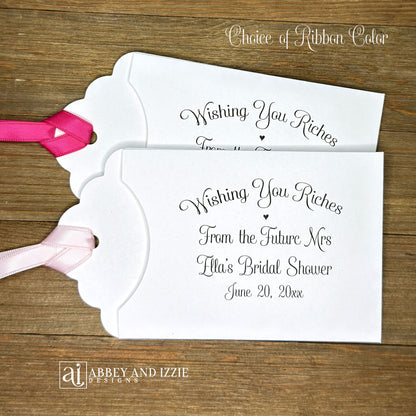 Lottery ticket bridal shower favors, these fun bridal shower favors are personalized for the bride to be, slide a lottery ticket in the envelope and see who wins  Your choice of colors.