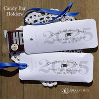 Graduation candy bar favors personalized for the graduate. Printed on white card stock, choice of ribbon color.