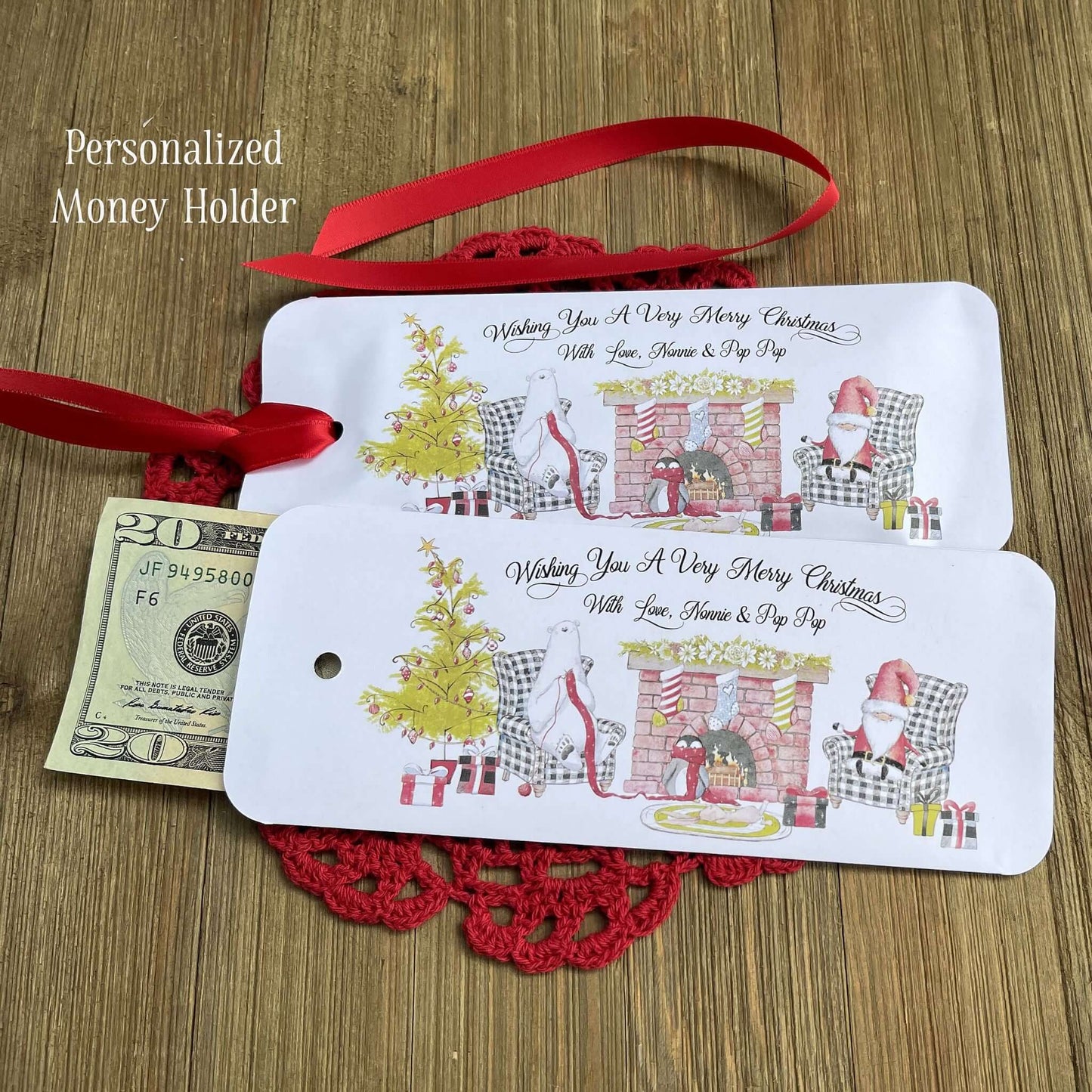  Small Christmas Gift Idea Personalized are printed on white card stock with a cute Christmas scene.  These are also good for a gift card, lotto ticket or candy bar.