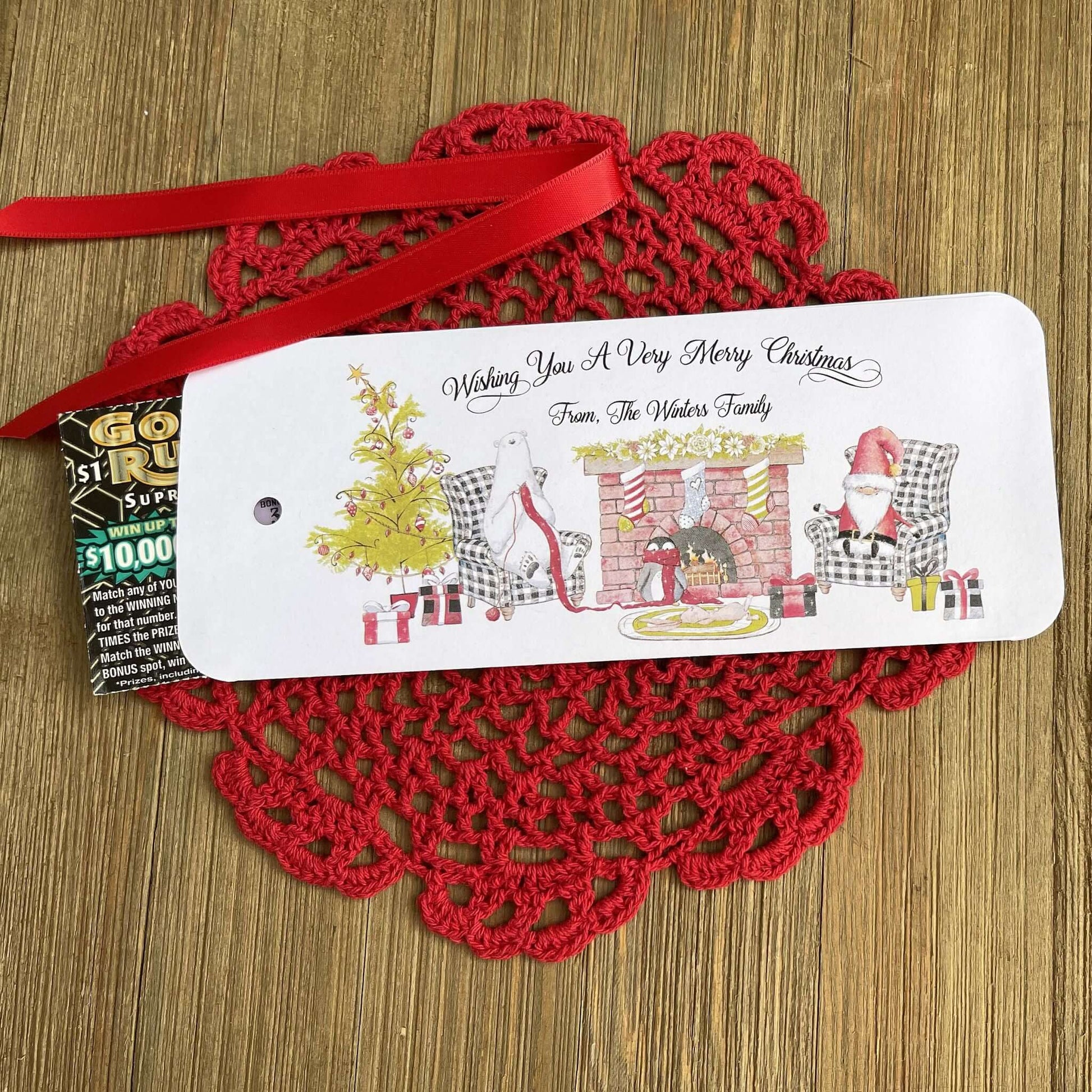 Small Christmas Gift Idea Personalized are printed on white card stock with a cute Christmas scene.  These are also good for a gift card, lotto ticket or candy bar.