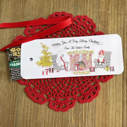 Small Christmas Gift Idea Personalized are printed on white card stock with a cute Christmas scene.  These are also good for a gift card, lotto ticket or candy bar.