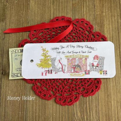 Small Christmas Gift Idea Personalized are printed on white card stock with a cute Christmas scene.  These are also good for a gift card, lotto ticket or candy bar.