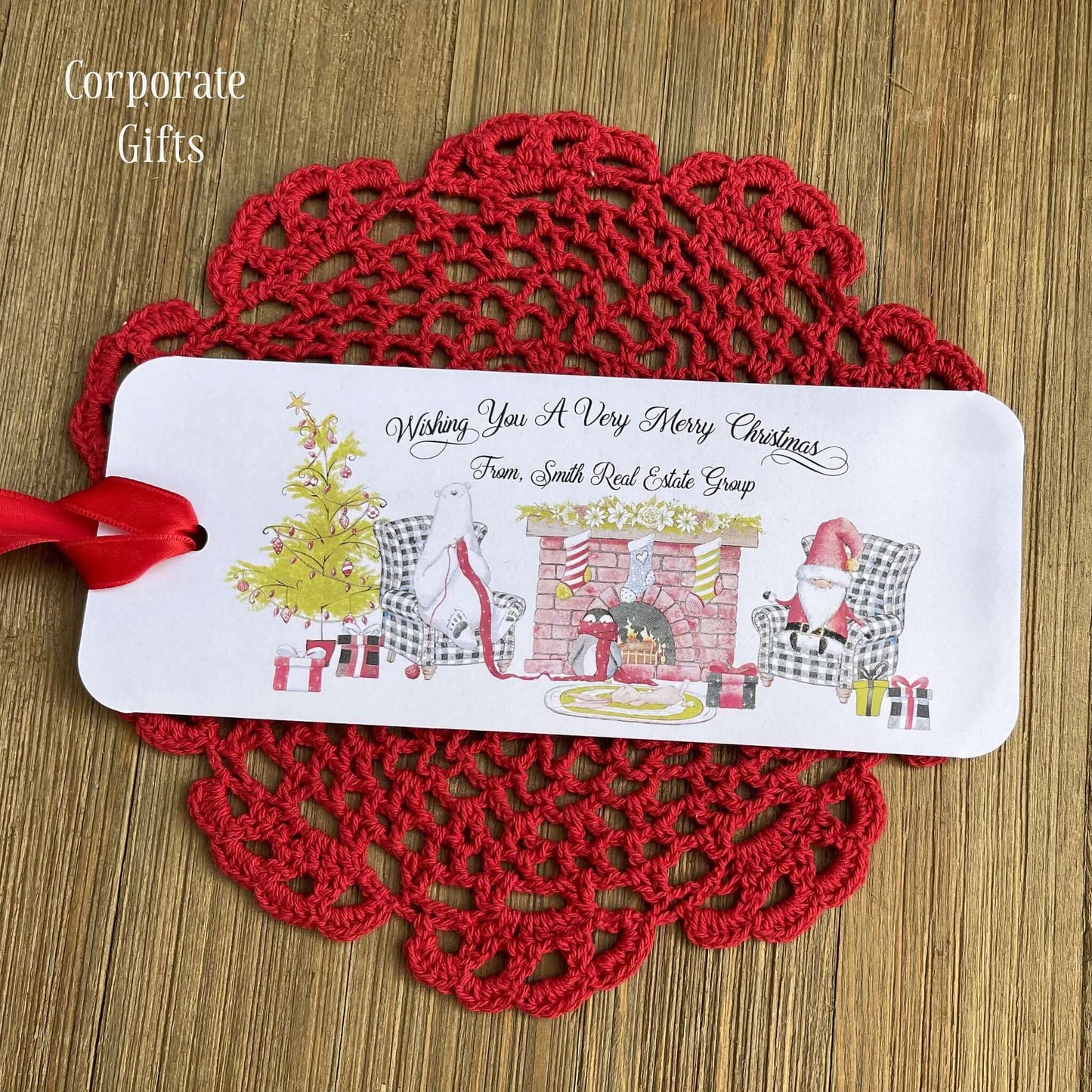 Small Christmas Gift Idea Personalized are printed on white card stock with a cute Christmas scene.  These are also good for a gift card, lotto ticket or candy bar.
