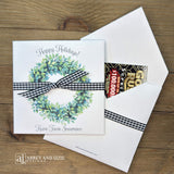 Perfect for holiday gatherings, these personalized gift envelopes add a thoughtful touch for guests, friends or customers. Each 5" × 5" envelope is printed on premium white card stock and arrives fully assembled with ribbon attached ready to slide a lottery ticket or gift card inside. Customize with "Merry Christmas" or "Happy Holidays" and personalize with names or business, your choice of red checked or black checked ribbon.