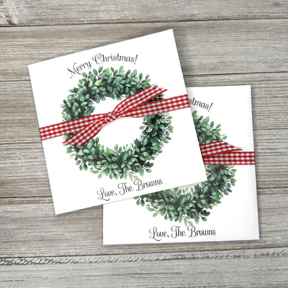 Perfect for holiday gatherings, these personalized gift envelopes add a thoughtful touch for guests, friends or customers. Each 5" × 5" envelope is printed on premium white card stock and arrives fully assembled with ribbon attached ready to slide a lottery ticket or gift card inside. Customize with "Merry Christmas" or "Happy Holidays" and personalize with names or business, your choice of red checked or black checked ribbon.