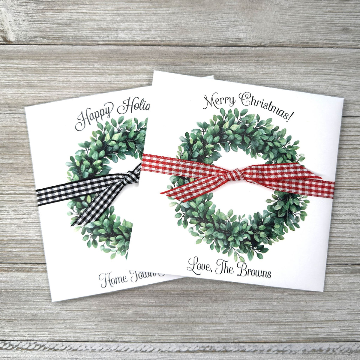 Perfect for holiday gatherings, these personalized gift envelopes add a thoughtful touch for guests, friends or customers. Each 5" × 5" envelope is printed on premium white card stock and arrives fully assembled with ribbon attached ready to slide a lottery ticket or gift card inside. Customize with "Merry Christmas" or "Happy Holidays" and personalize with names or business, your choice of red checked or black checked ribbon.