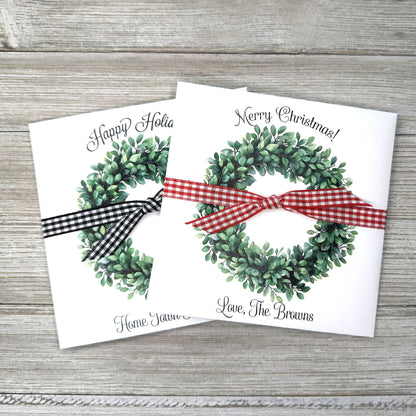 Perfect for holiday gatherings, these personalized gift envelopes add a thoughtful touch for guests, friends or customers. Each 5" × 5" envelope is printed on premium white card stock and arrives fully assembled with ribbon attached ready to slide a lottery ticket or gift card inside. Customize with "Merry Christmas" or "Happy Holidays" and personalize with names or business, your choice of red checked or black checked ribbon.