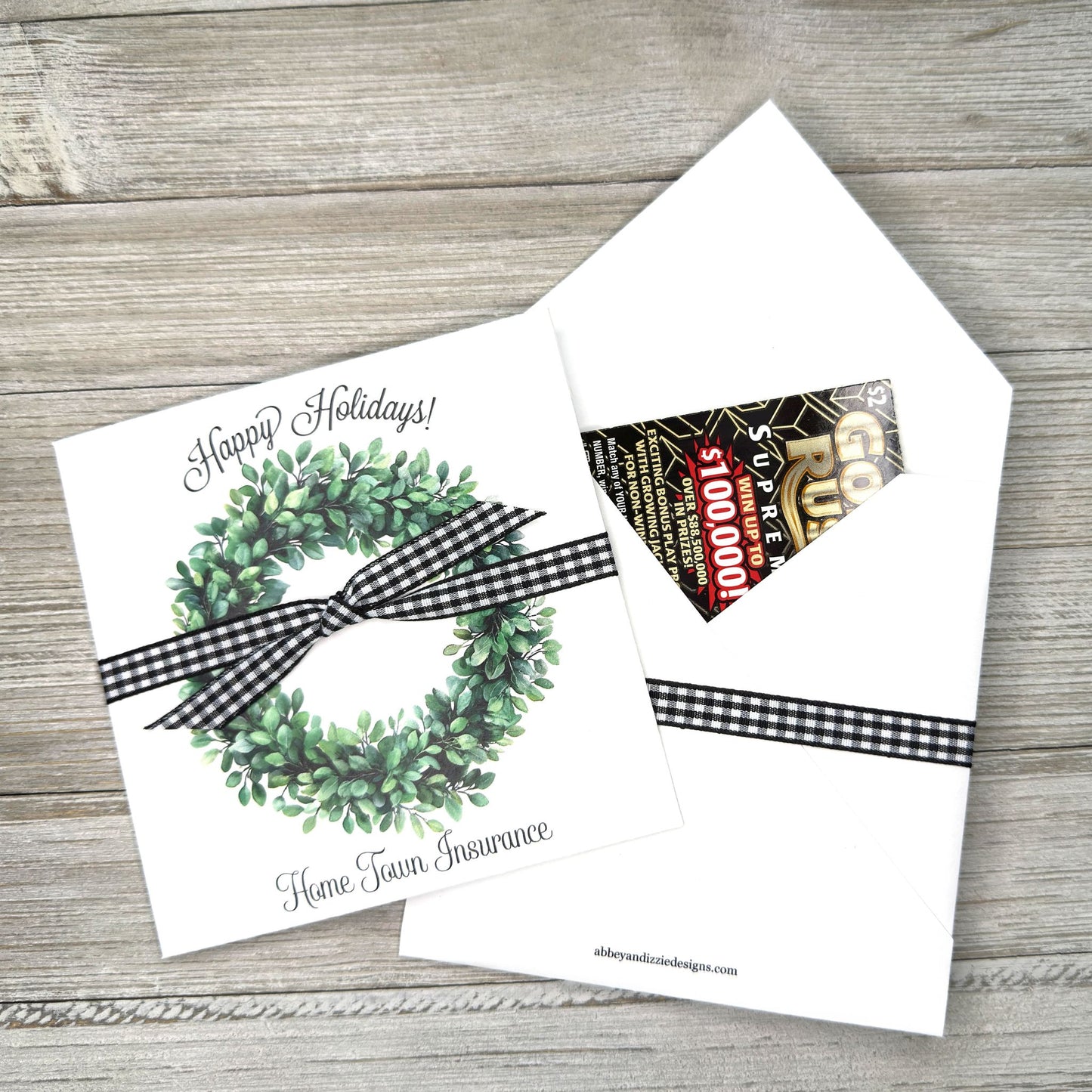 Perfect for holiday gatherings, these personalized gift envelopes add a thoughtful touch for guests, friends or customers. Each 5" × 5" envelope is printed on premium white card stock and arrives fully assembled with ribbon attached ready to slide a lottery ticket or gift card inside. Customize with "Merry Christmas" or "Happy Holidays" and personalize with names or business, your choice of red checked or black checked ribbon.