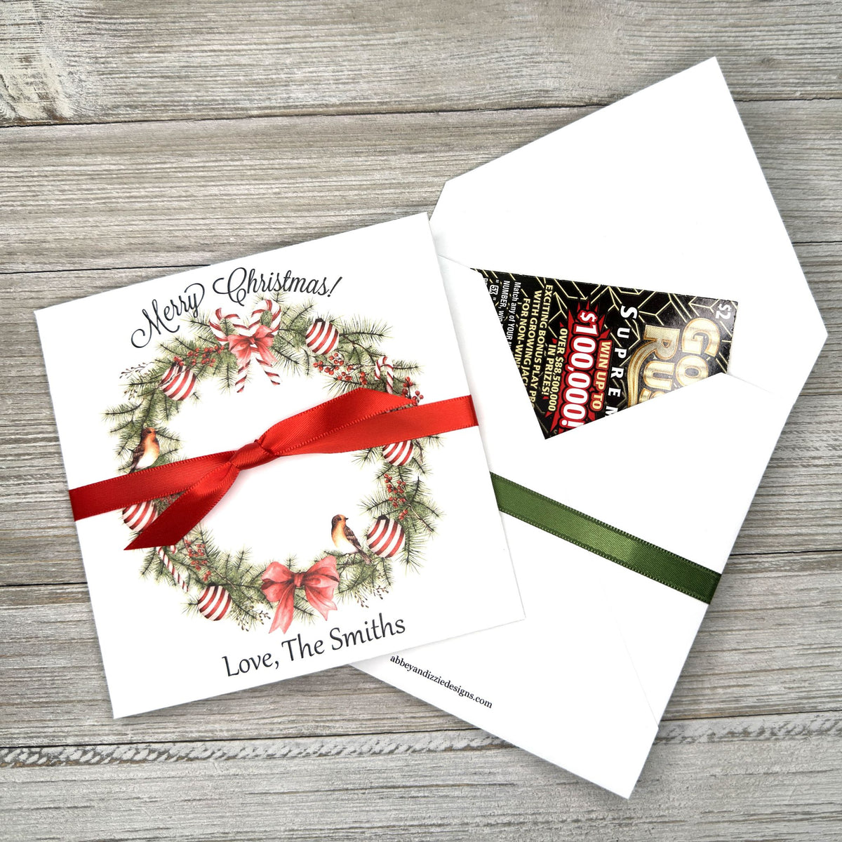 Christmas Gift Card Holders or Holiday Party Favors, adorned with a beautiful holiday wreath these are also perfect to slide a lottery ticket in for a coworker, neighbor or friend.  