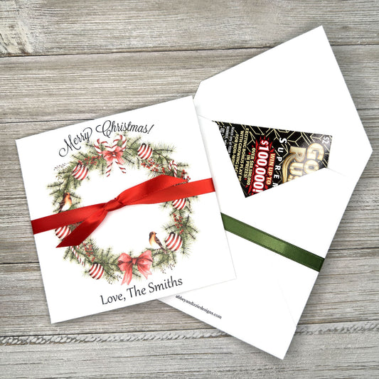 Christmas Gift Card Holders or Holiday Party Favors, adorned with a beautiful holiday wreath these are also perfect to slide a lottery ticket in for a coworker, neighbor or friend.  