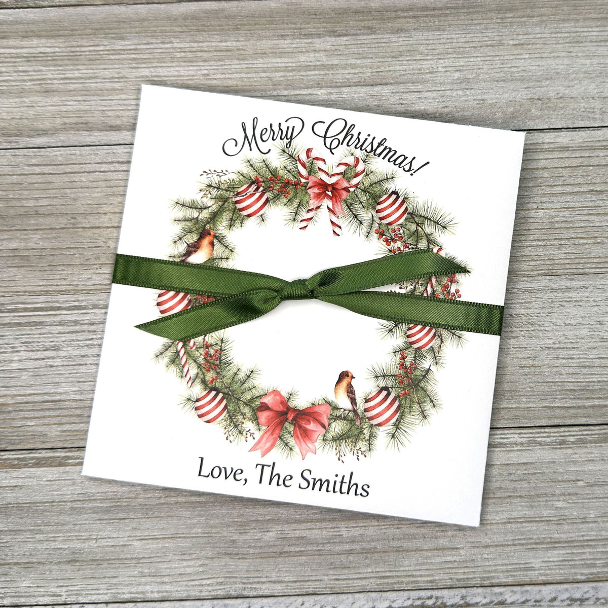 Christmas Gift Card Holders or Holiday Party Favors, adorned with a beautiful holiday wreath these are also perfect to slide a lottery ticket in for a coworker, neighbor or friend.  