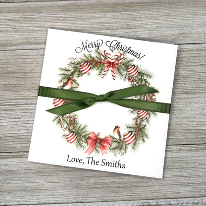 Christmas Gift Card Holders or Holiday Party Favors, adorned with a beautiful holiday wreath these are also perfect to slide a lottery ticket in for a coworker, neighbor or friend.  