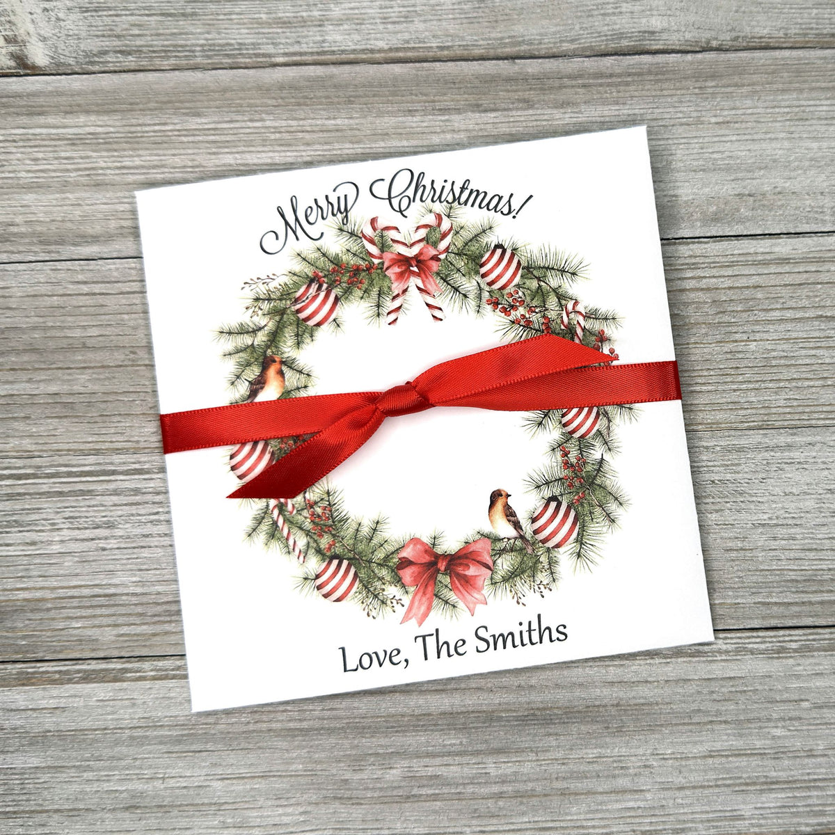 Christmas Gift Card Holders or Holiday Party Favors, adorned with a beautiful holiday wreath these are also perfect to slide a lottery ticket in for a coworker, neighbor or friend.  