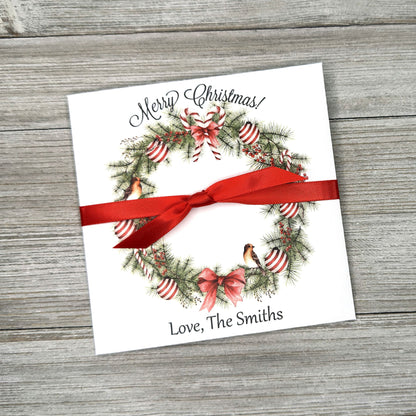 Christmas Gift Card Holders or Holiday Party Favors, adorned with a beautiful holiday wreath these are also perfect to slide a lottery ticket in for a coworker, neighbor or friend.  
