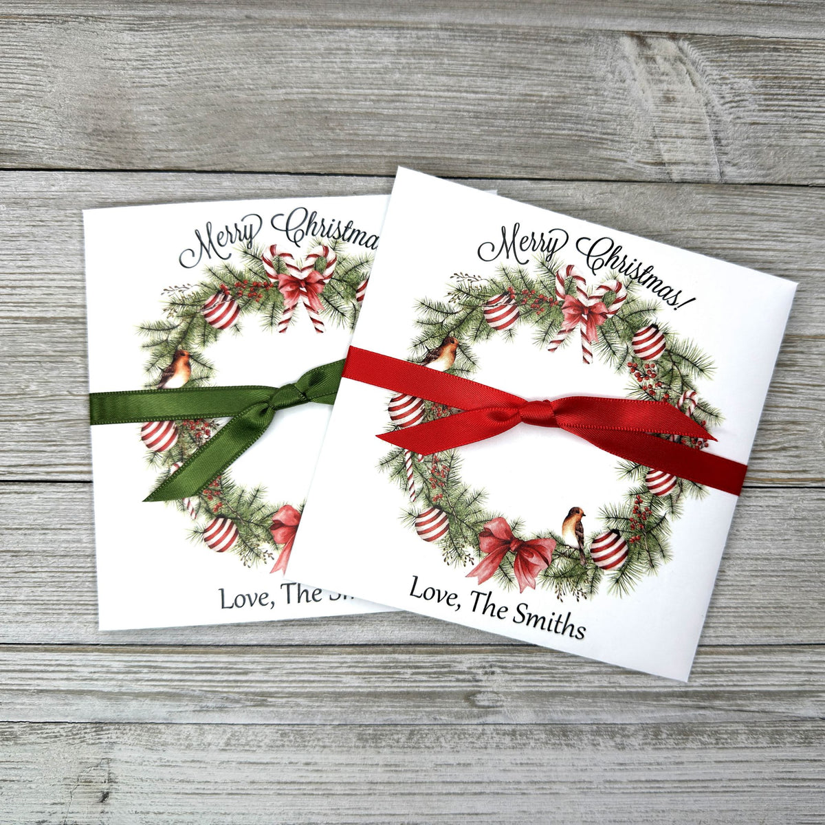 Christmas Gift Card Holders or Holiday Party Favors, adorned with a beautiful holiday wreath these are also perfect to slide a lottery ticket in for a coworker, neighbor or friend.  