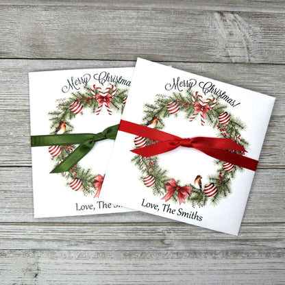 Christmas Gift Card Holders or Holiday Party Favors, adorned with a beautiful holiday wreath these are also perfect to slide a lottery ticket in for a coworker, neighbor or friend.  