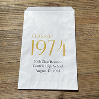 Class Reunion Favor Bags that can be made for any year. Personalized reunion bags with year, school and date. Favor bags can be filled with treats, cookies or used for napkin and utensils.