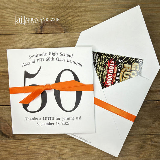 Fun and easy class reunion favors, enclose a lotto ticket to see who wins! Personalized lottery ticket holders are the perfect ice breaker for your reunion. They measure 5" x 5" and come fully assembled, printed on white card stock with ribbon attached. 