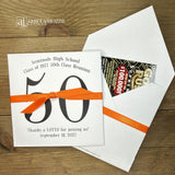 Fun and easy class reunion favors, enclose a lotto ticket to see who wins! Personalized lottery ticket holders are the perfect ice breaker for your reunion. They measure 5" x 5" and come fully assembled, printed on white card stock with ribbon attached. 