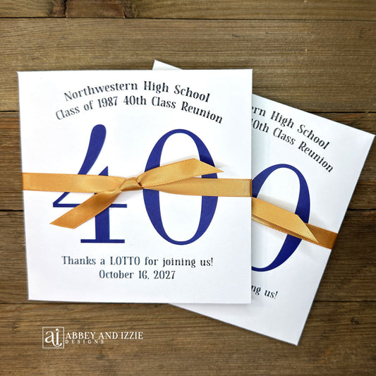 Fun and easy class reunion favors, enclose a lotto ticket to see who wins! Personalized lottery ticket holders are the perfect ice breaker for your reunion. They measure 5" x 5" and come fully assembled, printed on white card stock with ribbon attached. 
