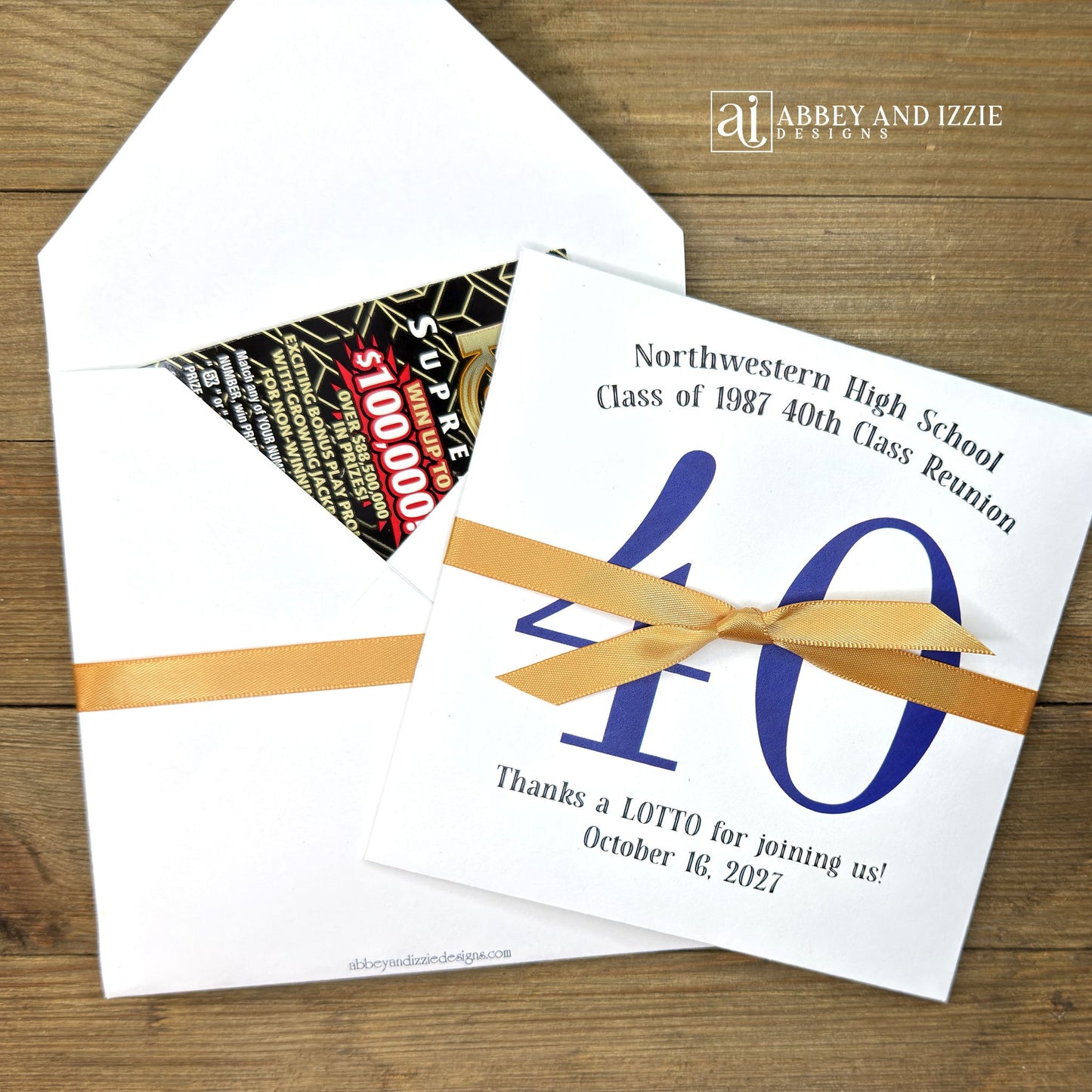 Fun and easy class reunion favors, enclose a lotto ticket to see who wins! Personalized lottery ticket holders are the perfect ice breaker for your reunion. They measure 5" x 5" and come fully assembled, printed on white card stock with ribbon attached. 