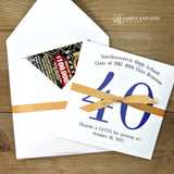 Fun and easy class reunion favors, enclose a lotto ticket to see who wins! Personalized lottery ticket holders are the perfect ice breaker for your reunion. They measure 5" x 5" and come fully assembled, printed on white card stock with ribbon attached. 