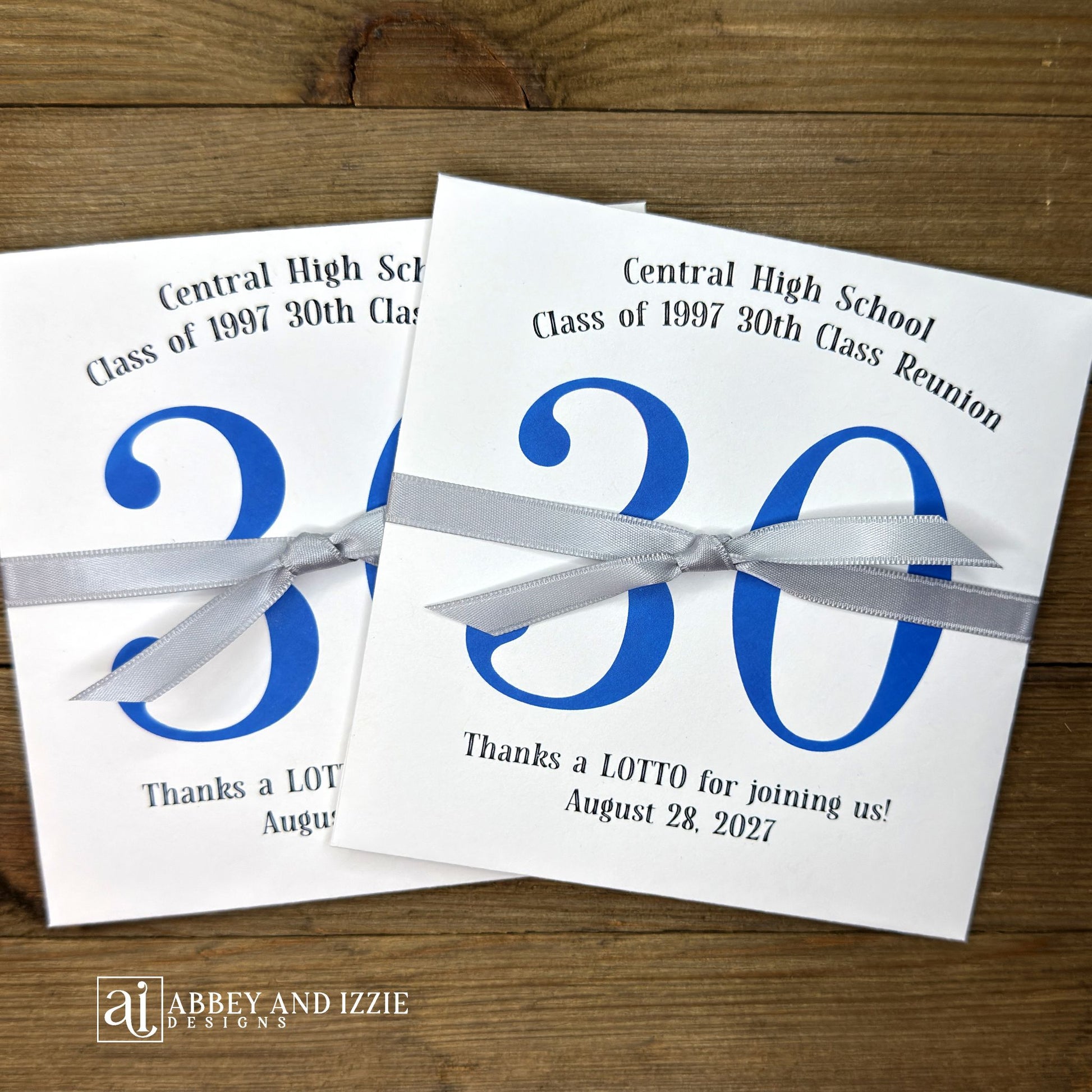 Fun and easy class reunion favors, enclose a lotto ticket to see who wins! Personalized lottery ticket holders are the perfect ice breaker for your reunion. They measure 5" x 5" and come fully assembled, printed on white card stock with ribbon attached. 