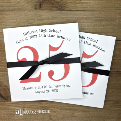 Fun and easy class reunion favors, enclose a lotto ticket to see who wins! Personalized lottery ticket holders are the perfect ice breaker for your reunion. They measure 5" x 5" and come fully assembled, printed on white card stock with ribbon attached. 