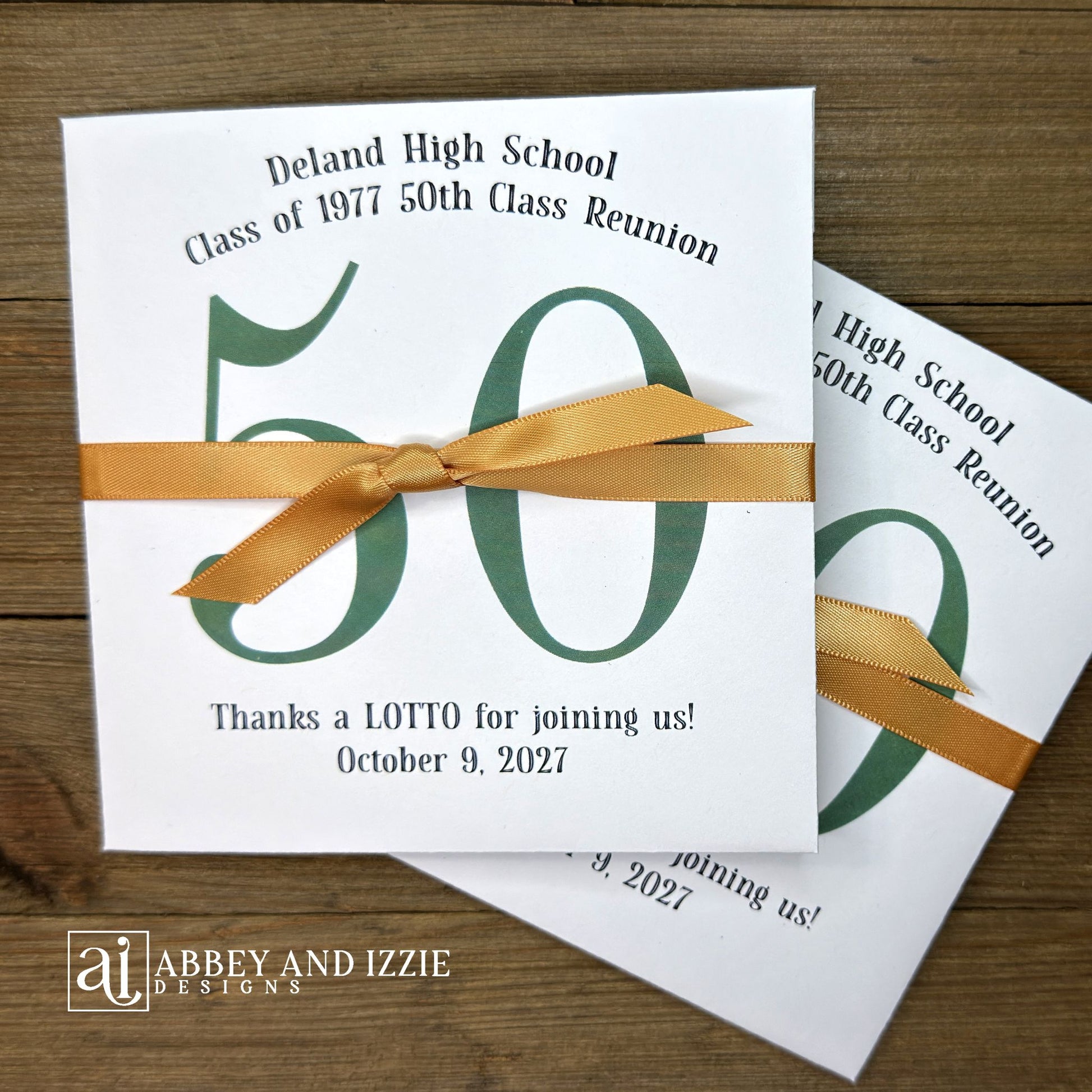 Fun and easy class reunion favors, enclose a lotto ticket to see who wins! Personalized lottery ticket holders are the perfect ice breaker for your reunion. They measure 5" x 5" and come fully assembled, printed on white card stock with ribbon attached. 