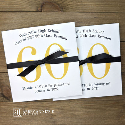 Fun and easy class reunion favors, enclose a lotto ticket to see who wins! Personalized lottery ticket holders are the perfect ice breaker for your reunion. They measure 5" x 5" and come fully assembled, printed on white card stock with ribbon attached. 