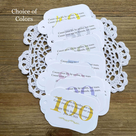 These colorful Adult Birthday Favor Tags will a special touch to your favors.  Each is personalized for the guest of honor with a sweet saying.  Printed on white card stock they come with hole punched for easy attaching.  These can be made for any milestone birthday.