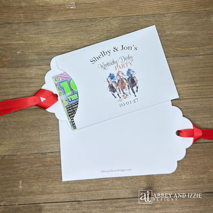 Derby Day Party Favors Lotto , printed on white cardstock and adorned with racing horses these favor are also personalized for you.  Slide a lotto ticket inside to add another layer of fun to your event.  Red ribbon comes attached.