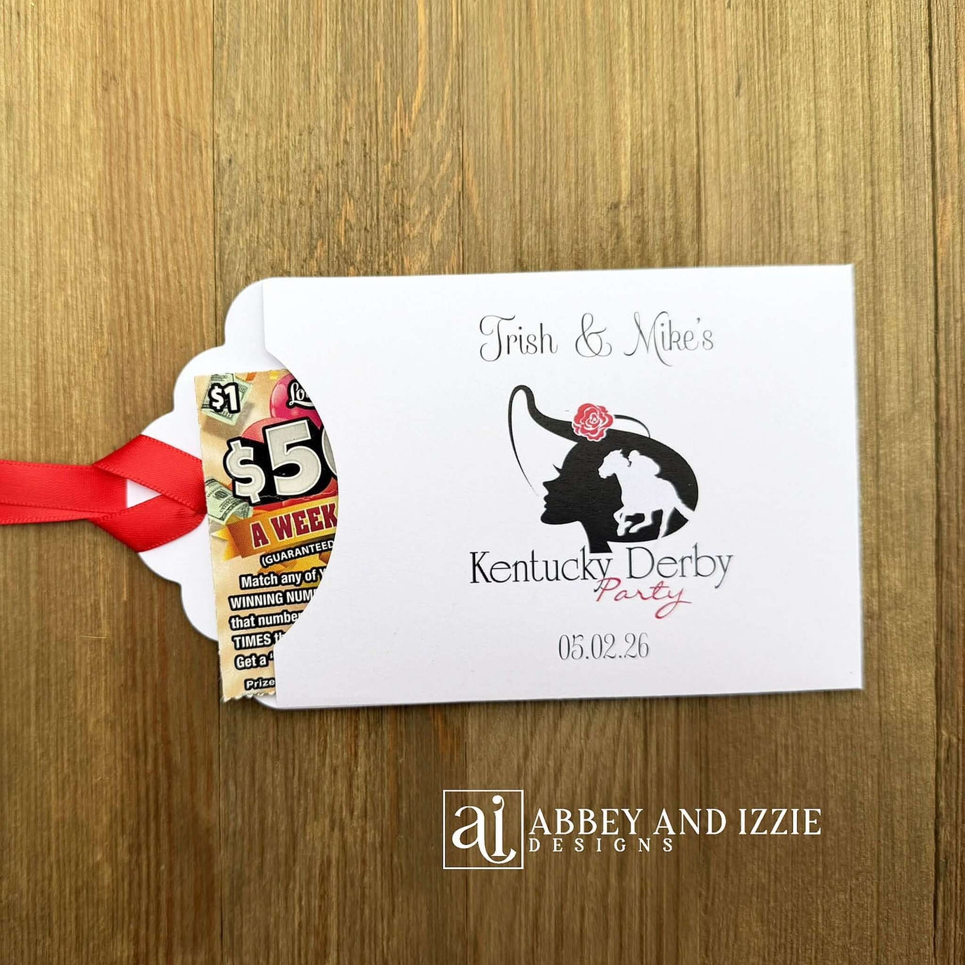 Scratch off Favors For Kentucky Derby, slide a lotto ticket in these adorable envelops.  White envelopes tht are personalized for your event, red ribbon which comes attached.  