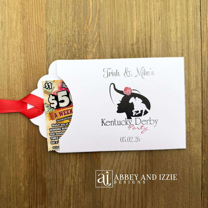 Scratch off Favors For Kentucky Derby, slide a lotto ticket in these adorable envelops.  White envelopes tht are personalized for your event, red ribbon which comes attached.  